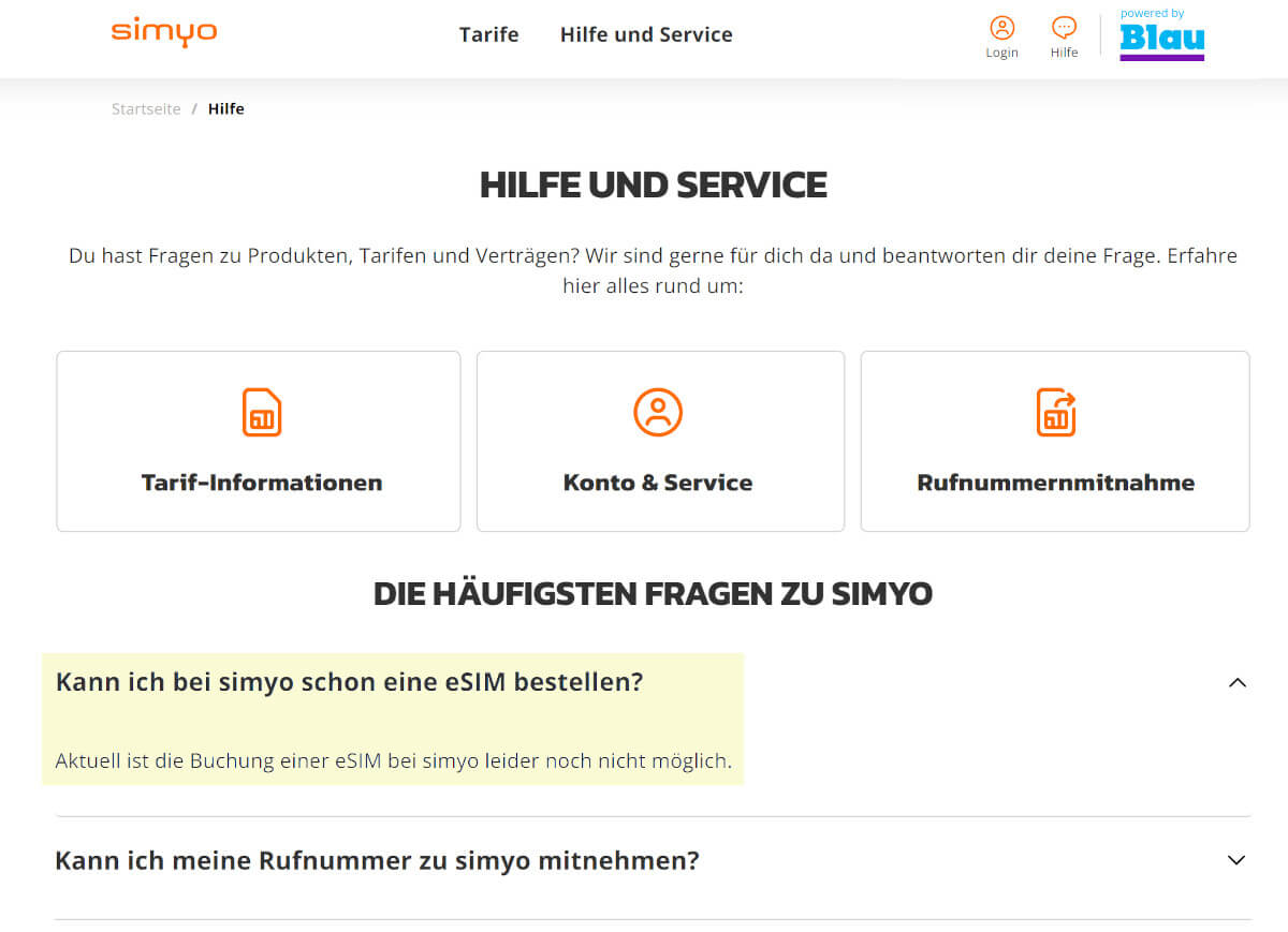 Simyo hat keine eSIM